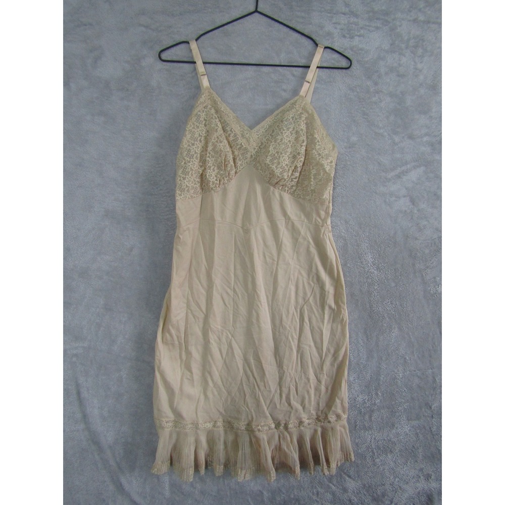 Vintage Beige Lace Trim Full Slip Dress Pleated Ruffle Hem Adjustable Straps - Picture 1 of 7